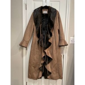 NWT Faux Fur Brown Suede Pamel McCoy Collections Long Coat M